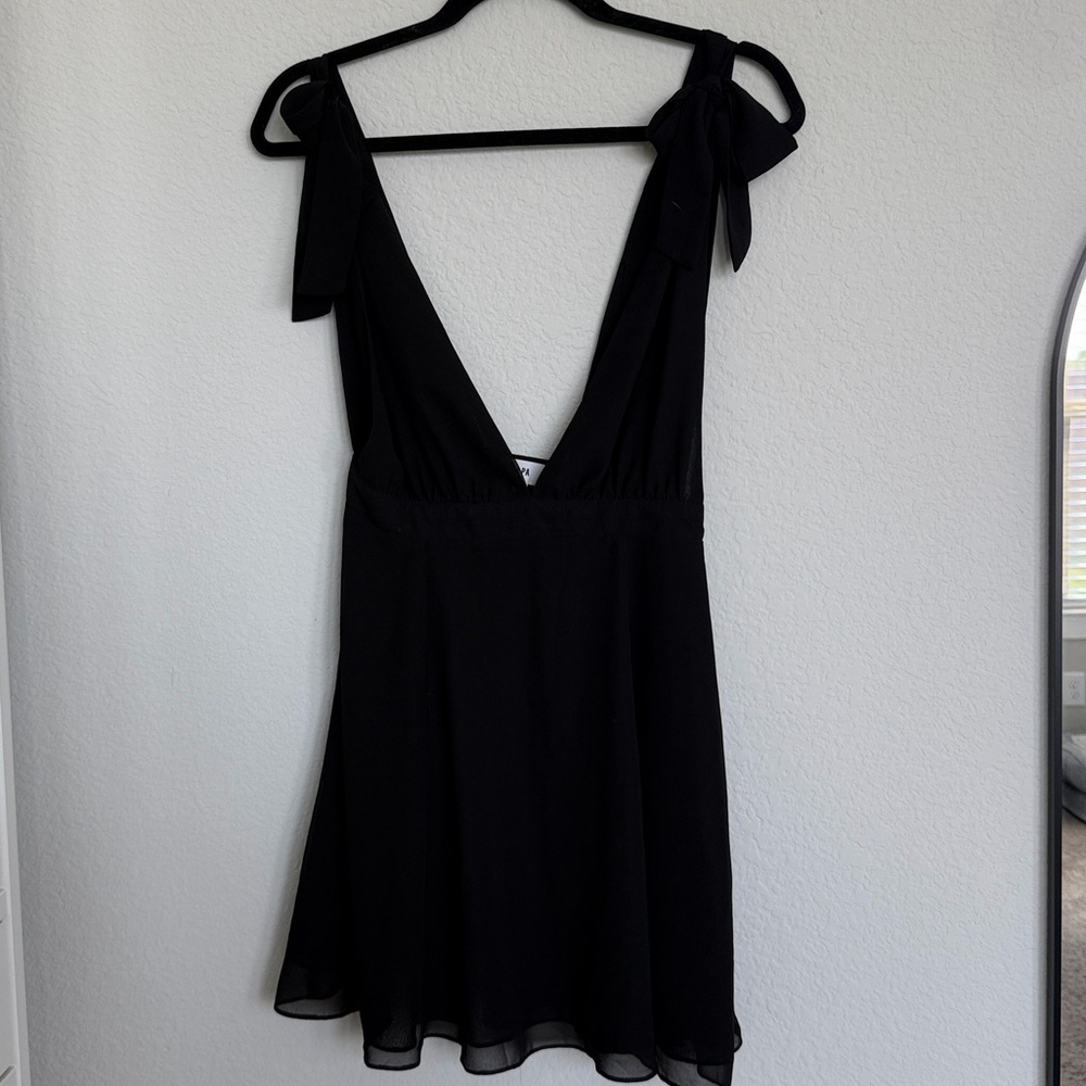 Revolve LPA Tie Sleeve Black Plunge Mini Dress